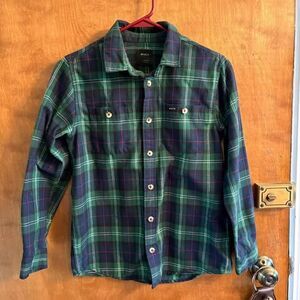 RVCA Kids Button Up Green & Blue Plaid Long Sleeve Collared Dress Shirt Youth L